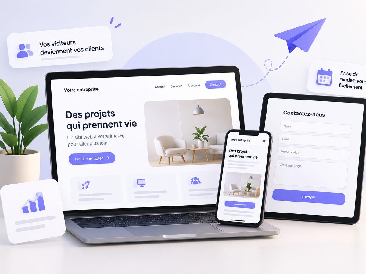 Un même site affiché sur ordinateur portable, tablette et téléphone, avec son formulaire de contact